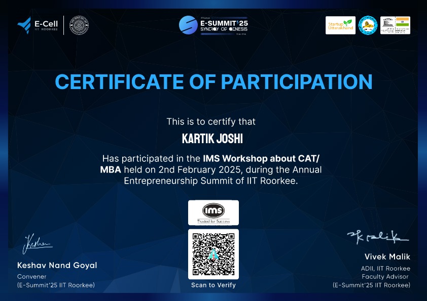 IMS-workshop (IIT Roorkee) Certificate